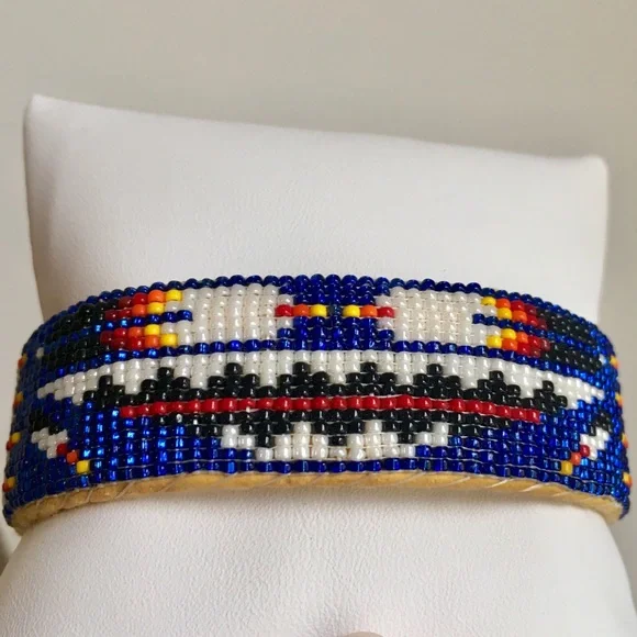 Native American Artist Beaded Bracelet BLUE Print - Picture 1 of 8